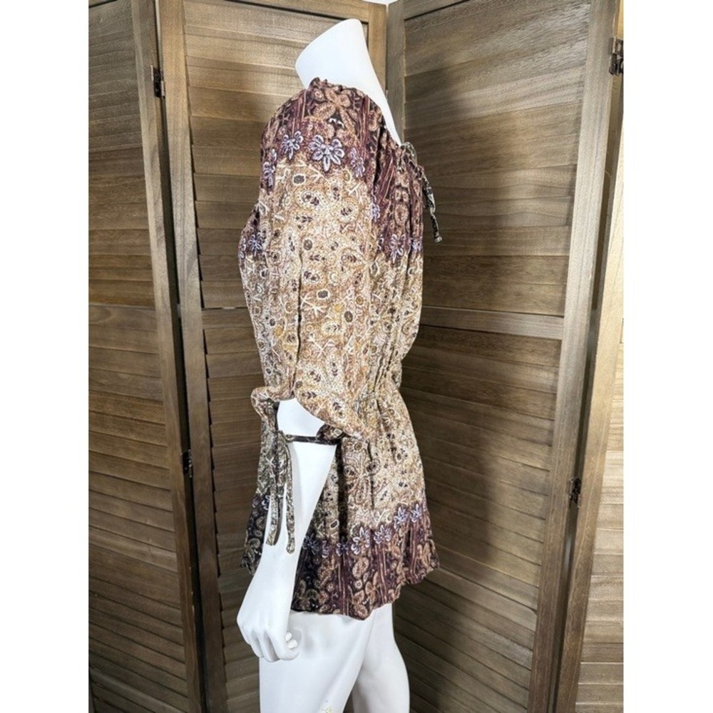 Free People Brown Paisley Floral Boho Romper 3/4 Sleeve Tie‎ Cuff Small - Picture 4 of 10